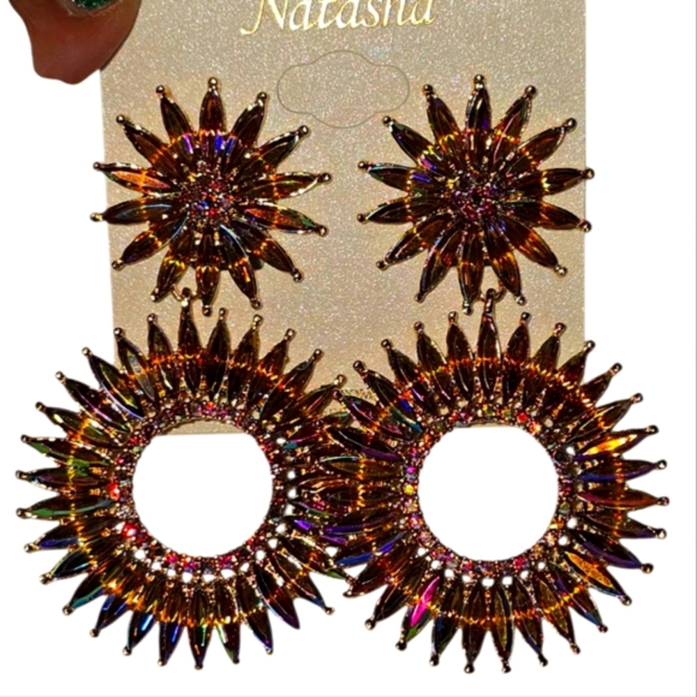 Natasha Amber Iridescent Crystal Sunburst Hoop Drop Earrings Gold Tone‎ New